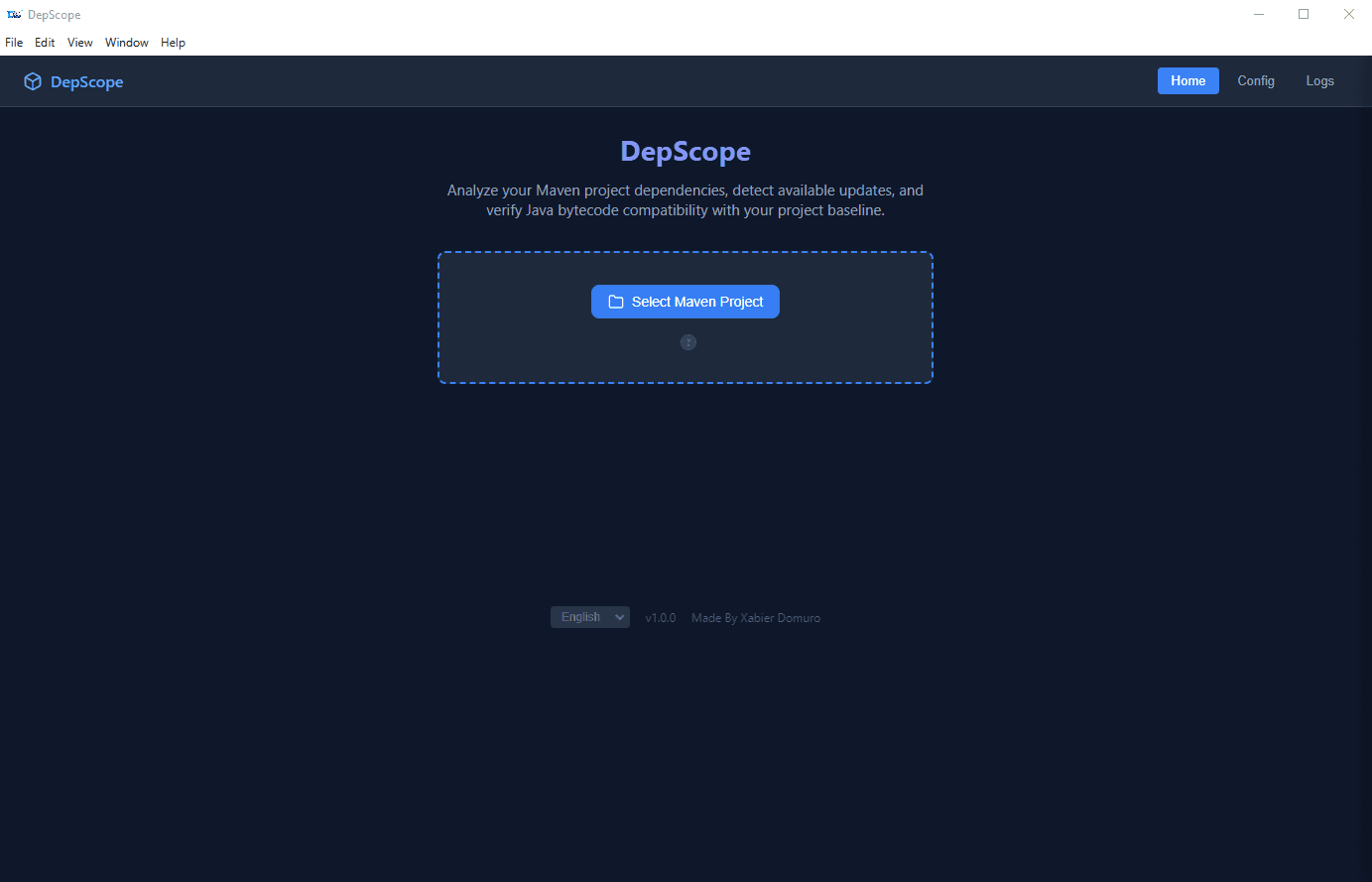 Pantalla de inicio de DepScope con selección de proyecto Maven